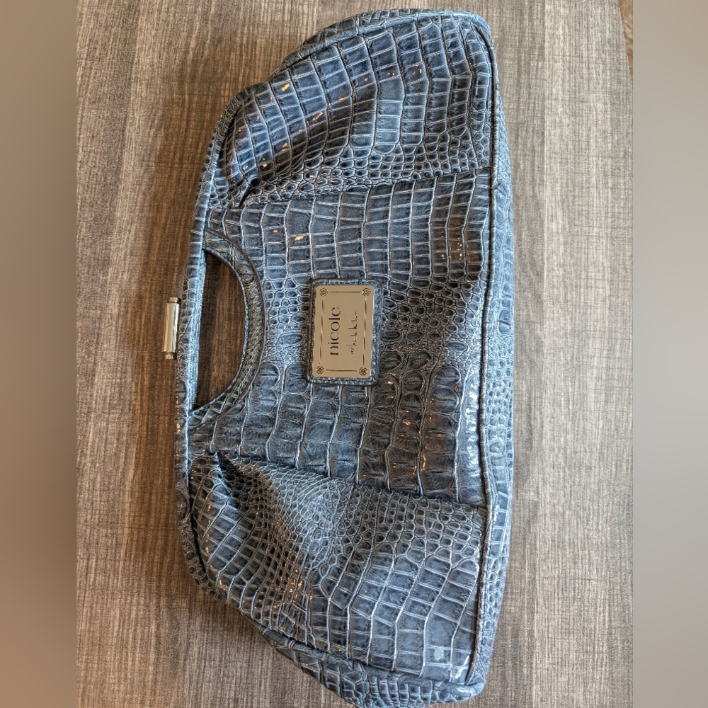 Nicole Miller Blue Crocodile Embossed Clutch